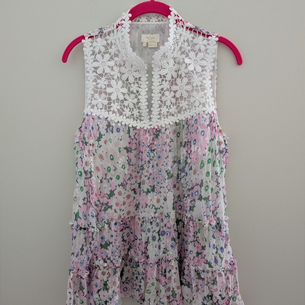 KATE SPADE Silk Lace Devore Blouse WOMEN'S L Pink Daisy Floral Romantic Ruffles - Picture 16 of 16